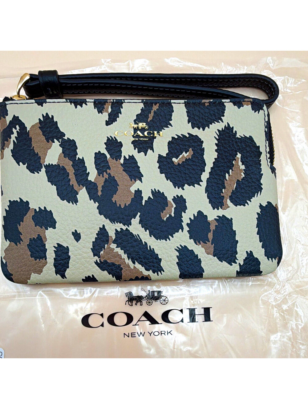 Coach Zip Wristlet Wallet Leopard Animal Print Beige Black Brown Logo Women